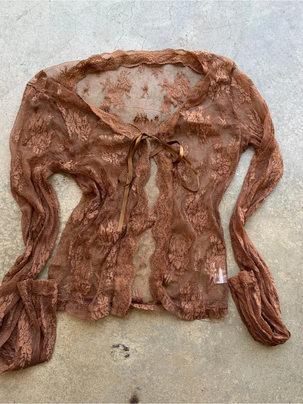 Sheer Lace Tie-Front Cover-Up in Brown